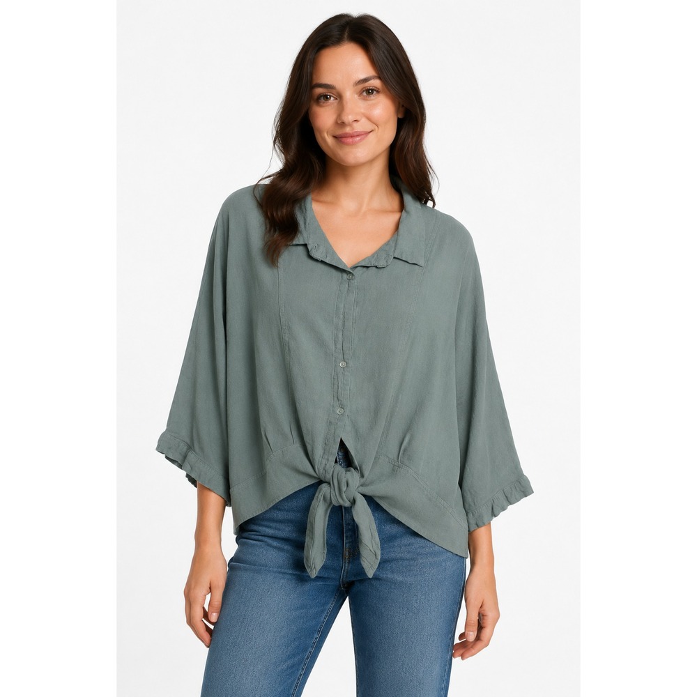 UMGEE 1XL Sage Green Linen Blend Button Front Tie Hem Dolman Sleeve Top